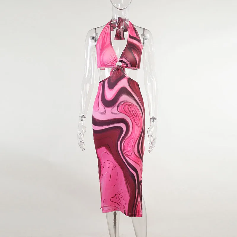 

Fashion Women's Dress Summer Casual Hot Sale Hanging Neck Printing Sexy Hollow Slit with Waist Maxi Dresses for Women Donsignet