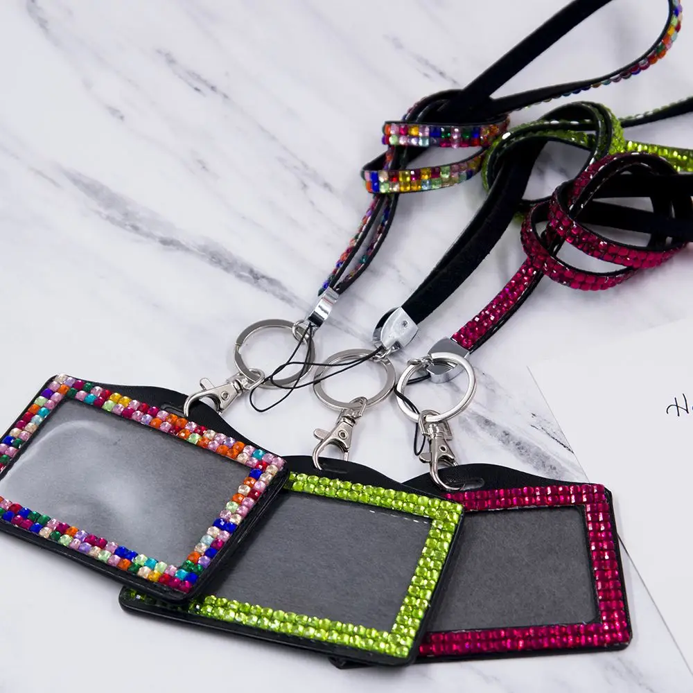 

Business Resin Rhinestone Crystal Card Holder Neck Strap with Lanyard Badge Holder Staff ID Card Bus ID Holders Badge Holder