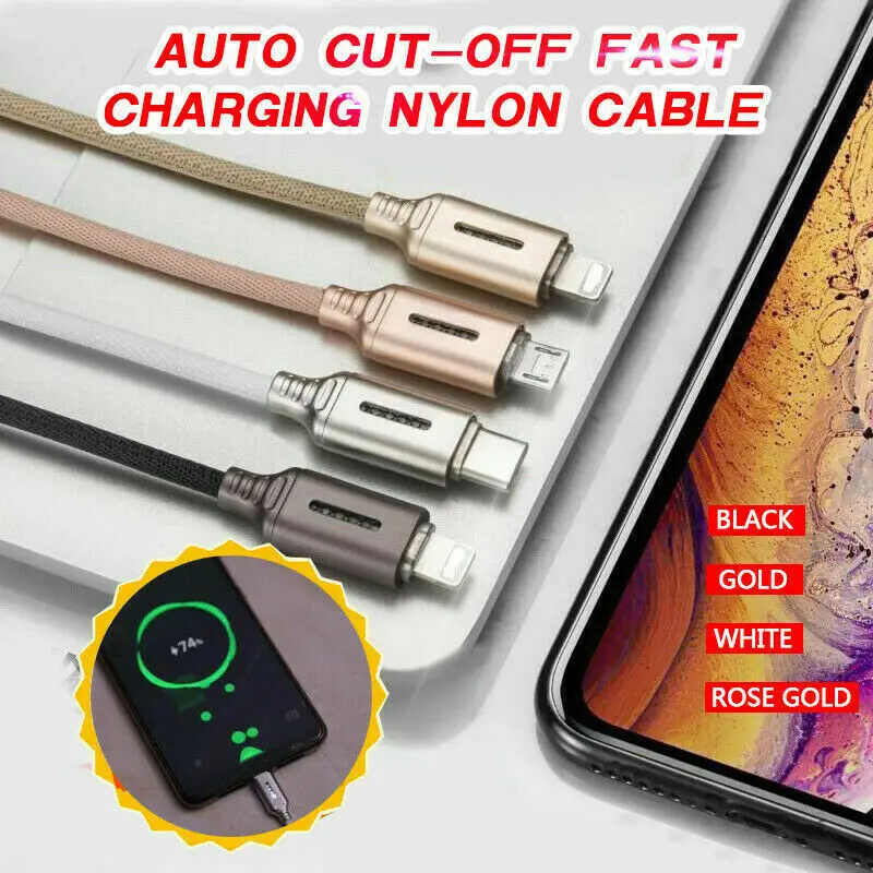 Apple &ampAndroid and Type-C Auto Cut-off Fast Charging Nylon Cable Smart Disconnec Intelligent Data Line | Мобильные телефоны и