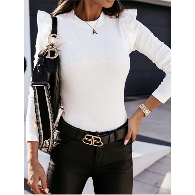 

Ribbed Blouse Office Lady Autumn Slim Long Sleeve Blouses Pullover Long Sleeve Top Office Ladies Streetwear Shirt Female Clothes