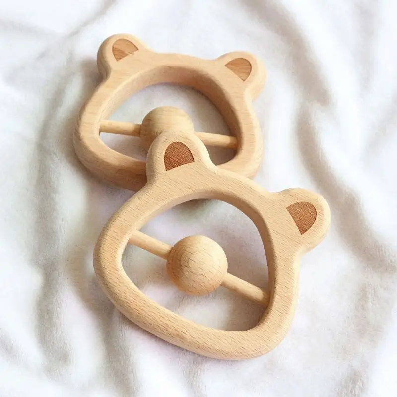 

Baby Teething Wood Rattle Cartoon Bear Head Chewing Teether Newborn Nursing Toy F3ME