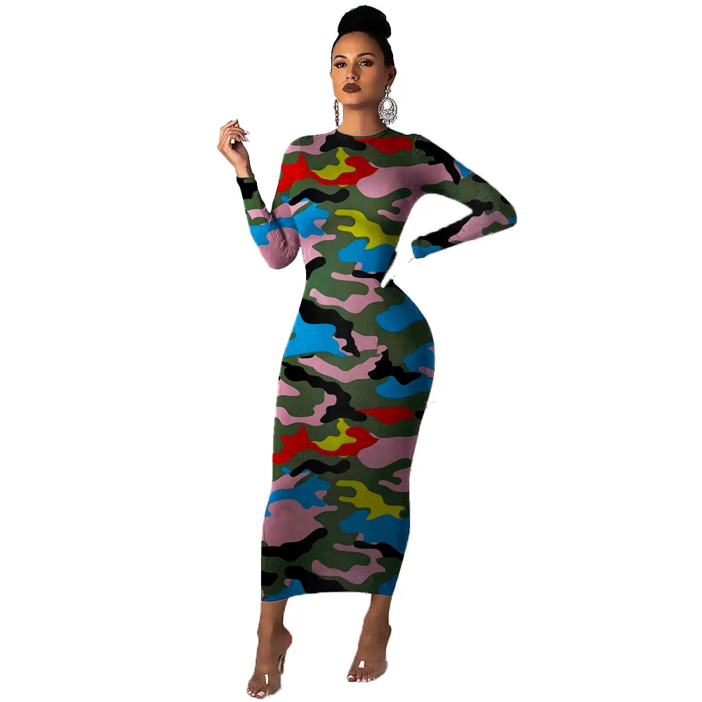 

Spring/Autumn New Vintage Women Sexy Camouflage Print Full Mid-Calf Long Dresses