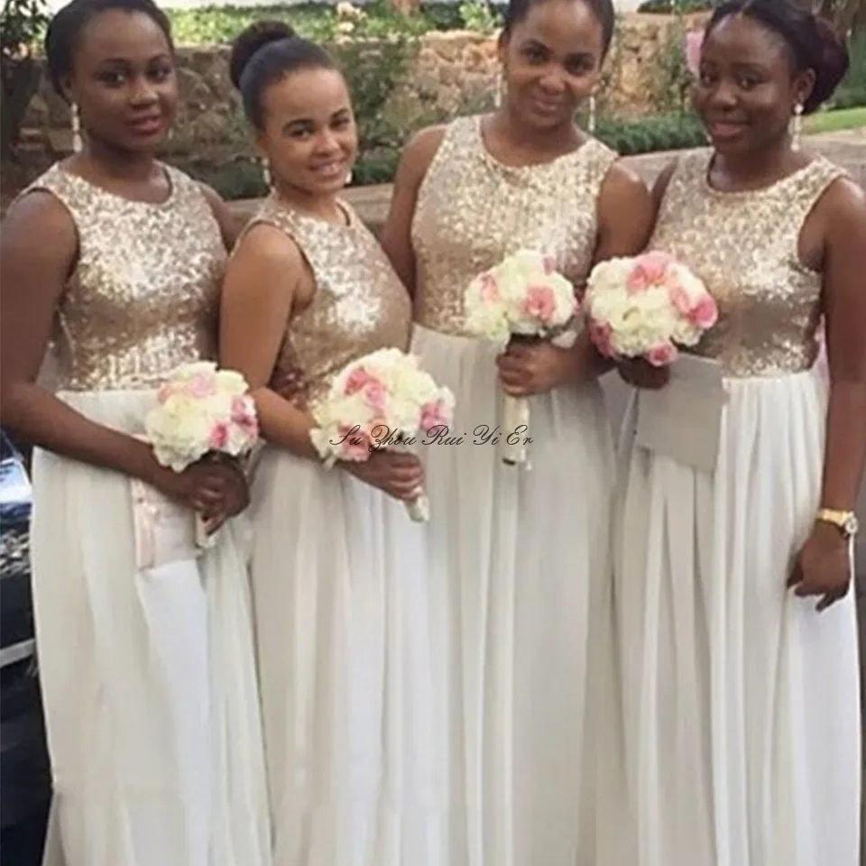 

Glitter O-neck Sequin Bridesmaid Dresses Zipper-Up Back Chiffon Wedding Party Dress African Women Cheap Prom Gown
