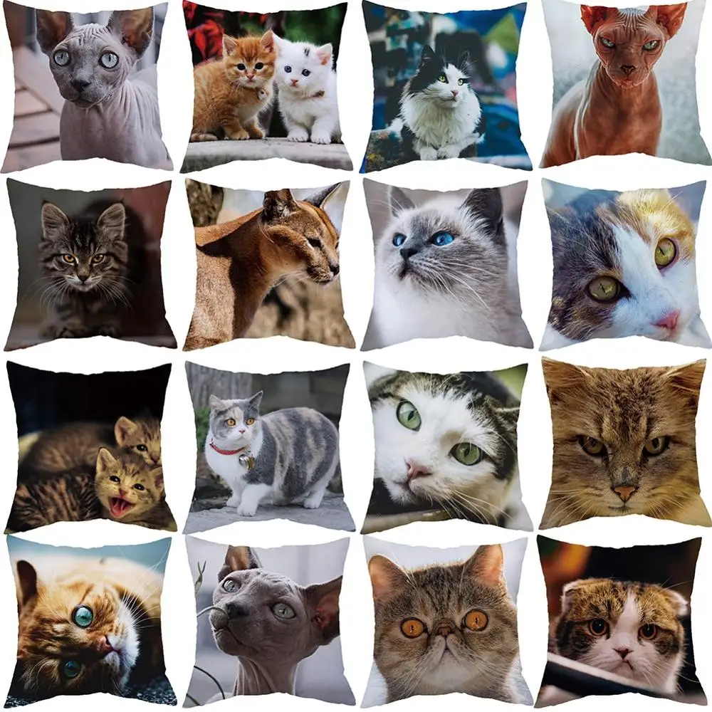 

18" Cute Cat Pattern Pillow Case Polyester Peachskin Home Decorative Sofa Seat Car Home Office Bedroom Waist Cushion Cover