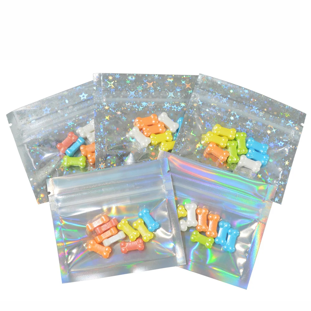 7.5x6.5cm Holographi Laser Small Zip Lock Bags Aluminum Foil Mylar Ziplock Plastic Flat Pouches for Jewelry Cosmetic 100pcs