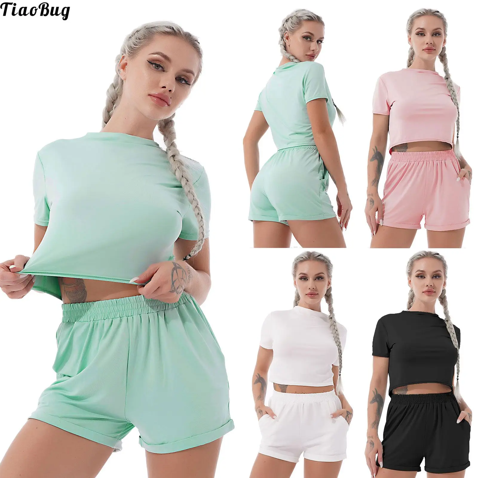

Летний женский однотонный спортивный костюм TiaoBug из 2 предметов, укороченная футболка с короткими рукавами и шорты, комплект для бега, трена...