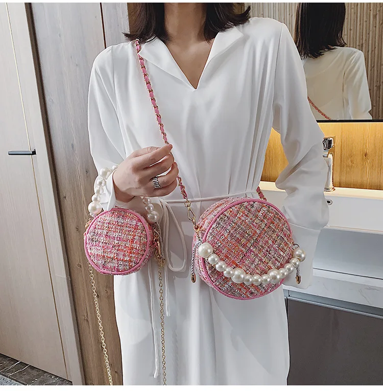 bolsos модные женские сумки-почтальон, круглая сумка на плечо, дизайнерская сумка через плечо, твидовые сумки для женщин, жемчужное колье, сумка