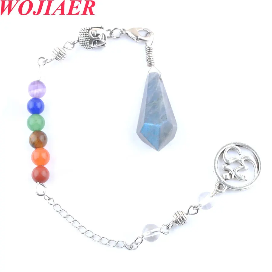 

WOJIAER Small Size Stone Buddha Head 3D Pendulum for Dowsing Spectrolite Cone 7 Chakra Chain Hexagon Pendulo Jewelry PO9038