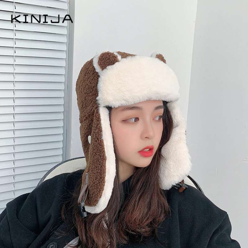 Зимняя женская теплая Толстая кашемировая шапка-бомбер с милым медведем