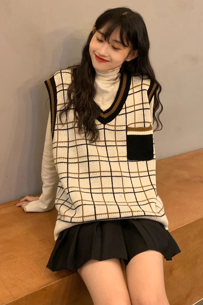 beige vest sweater Осень и зима корейский стиль v-образный вырез вязаный клетчатый жилет без рукавов свитера женские свитера и пуловеры женские(C9425 - Цвет: beige vest sweater