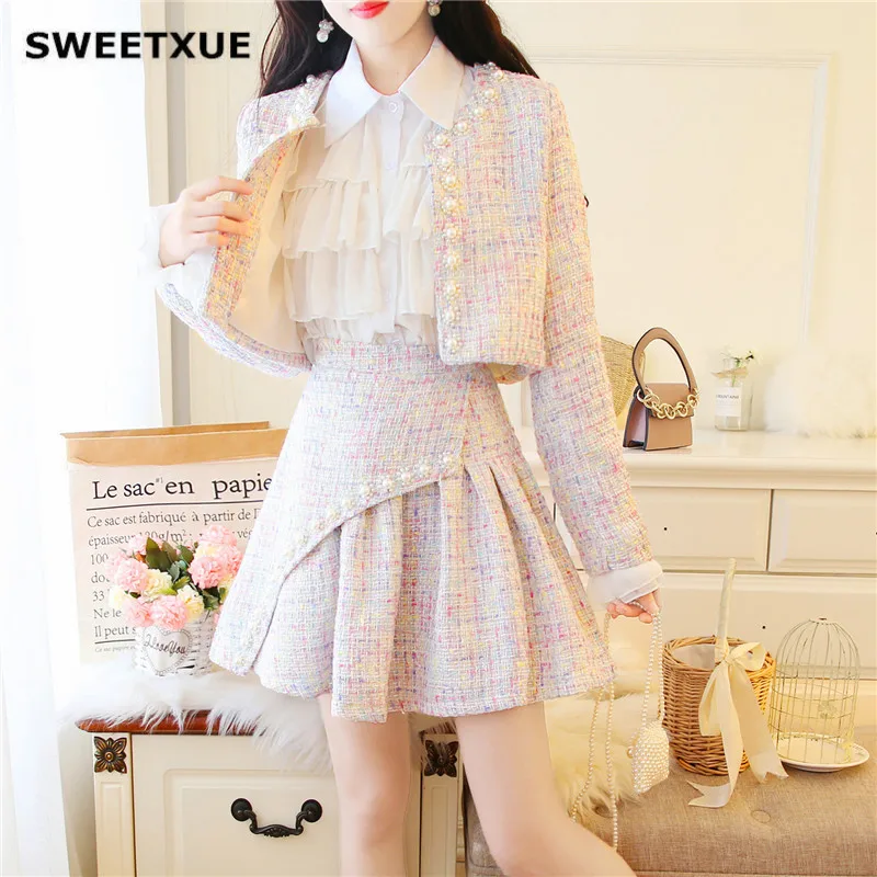 Твидовый комплект из двух предметов SWEETXUE короткая куртка расшитая бисером +
