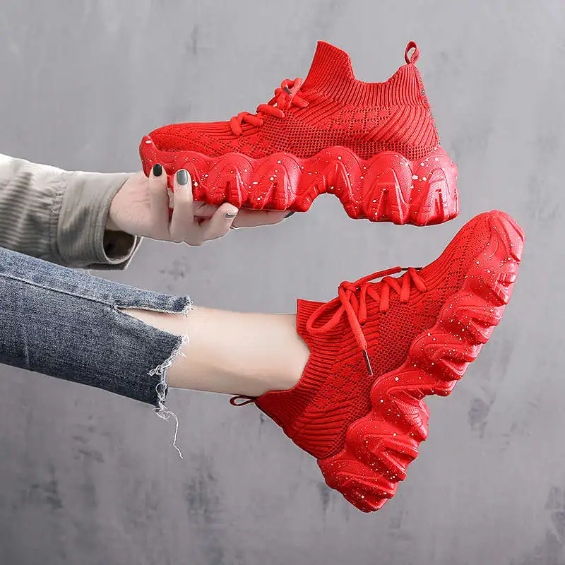 

Women's Sneakers Breathable Fly Weaving Women Sport Shoes Lace Up High Top Woman Sneakers Platforms Non-slip Sport Shoes 202G