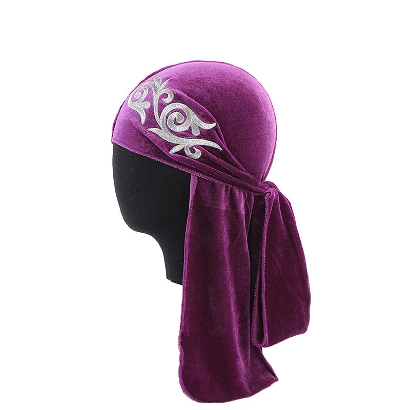 Тюрбан унисекс вышивка шаблон Бархат Durag дышащая бандана шляпа длинный хвост