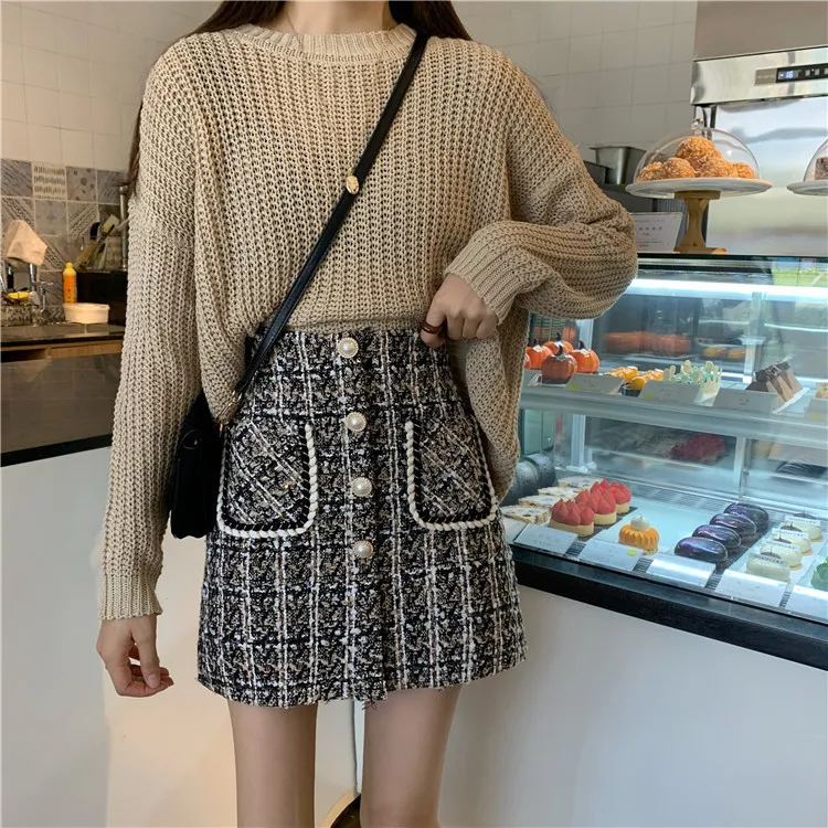 Новая мода твидовая клетчатая короткая трапециевидная мини черная трикотажная