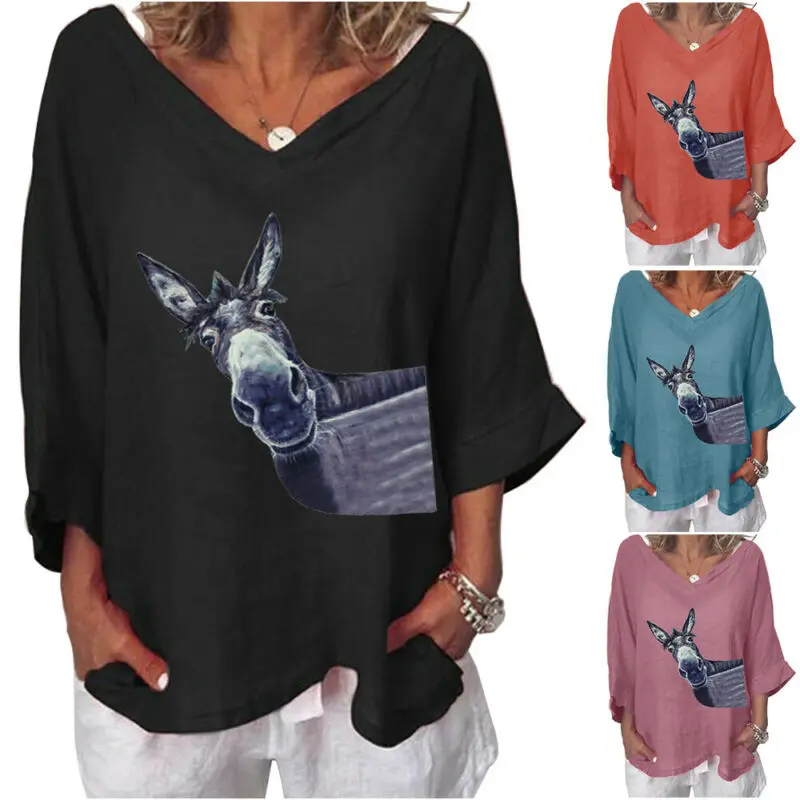 

Женский пуловер с рукавом 3/4, V-образным вырезом и принтом, свитшоты, свободная футболка, блузка, топы