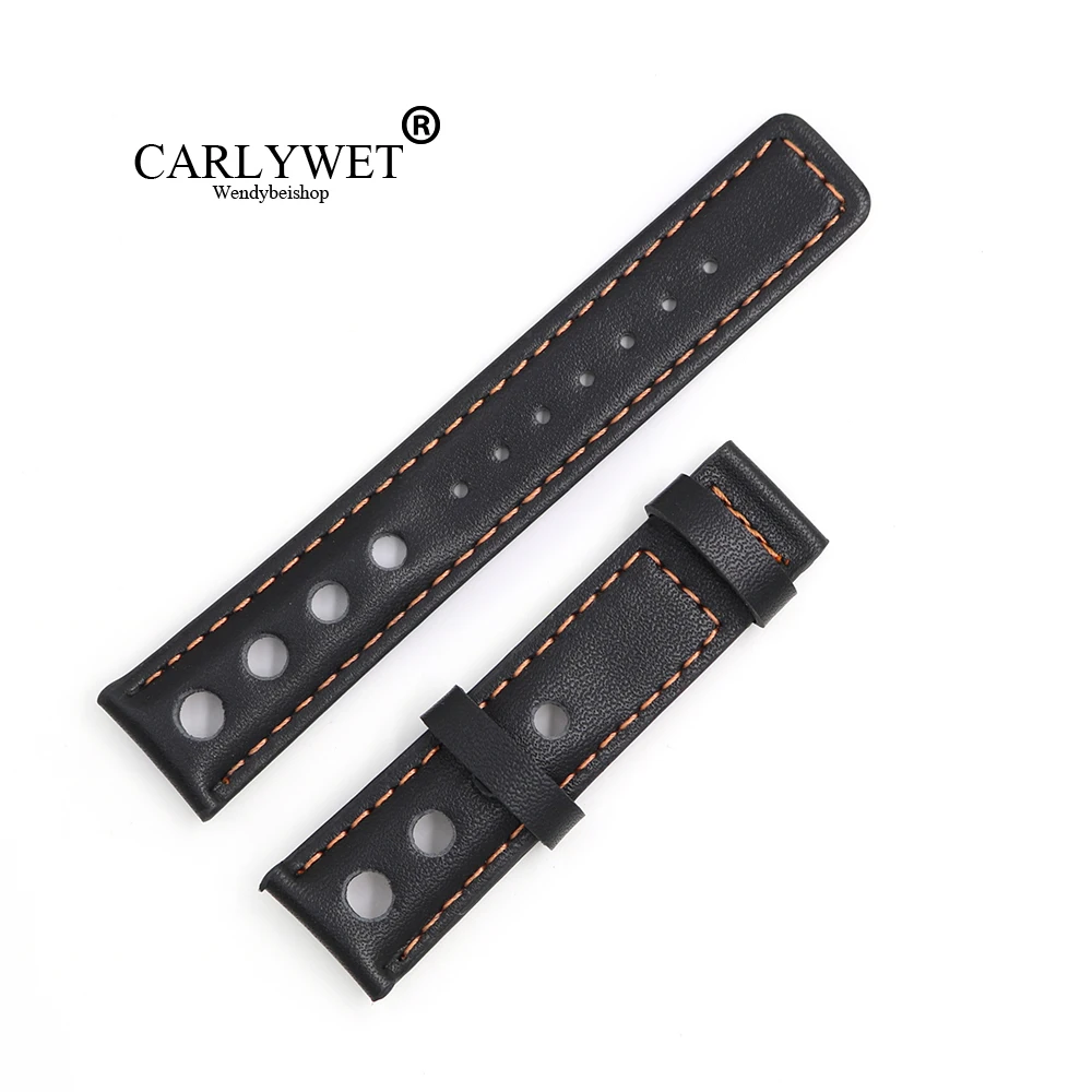 

CARLYWET 20mm Real Calf Leather Handmade Black With Orange Stitches Wrist Watch Band Strap Belt Without Clasp For T91 PRS516