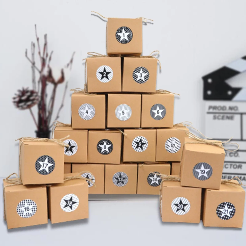 

24Pcs Number 1-24 Star Square Kraft Paper Candy Boxes with Rope Cardboard Christmas Party Favor Gift Box Baby Shower Boxes Decor
