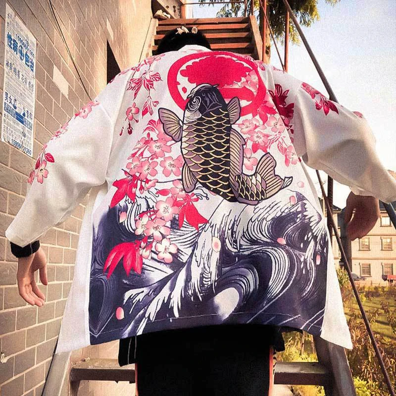 

ELKMU Japanese Kimono Streetwear Harajuku Cardigan Shirts Jackets Carp Fish Cherry Blossoms Flowers Print Casual Tops Male HE146