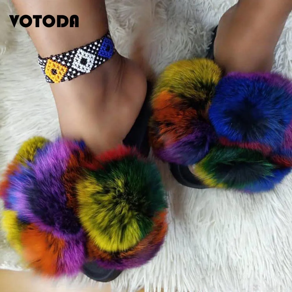 Женские меховые шлепанцы с помпоном модные из лисьего меха сланцы пушистыми