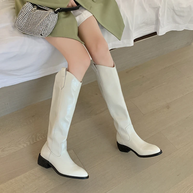 

2020 Winter genuine leather motorcycle Boots Slip on Thick Heels Shoes Woman Band Design Office Lady Working Kee High Boots