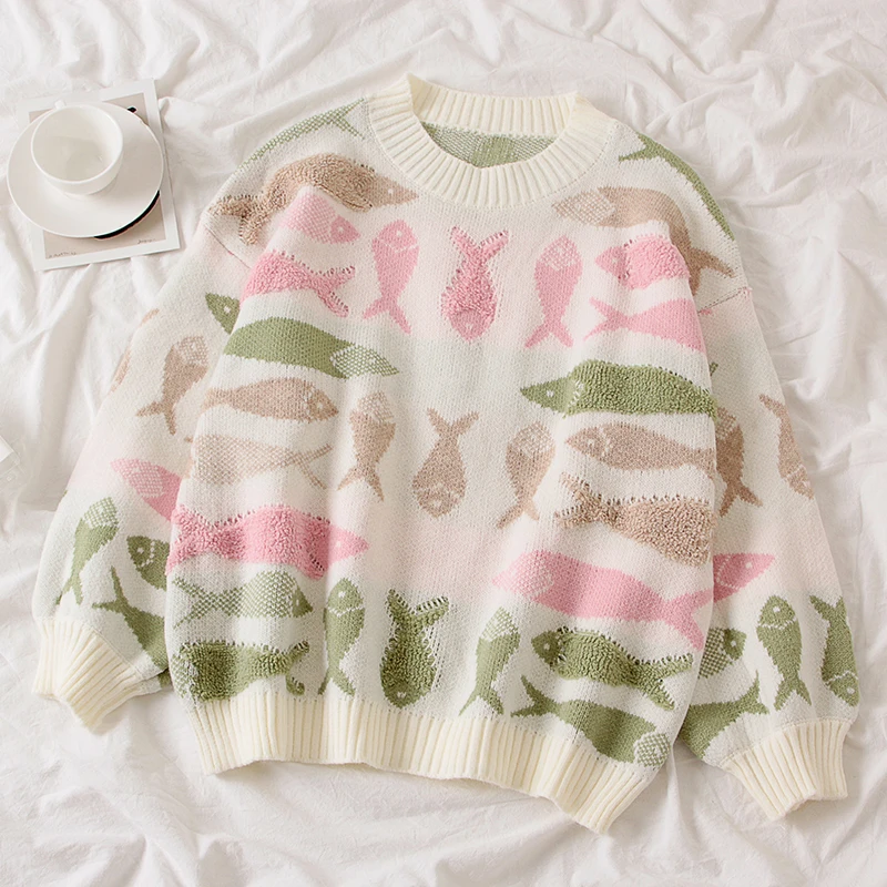 Gaganight винтажный Модный женский свитер с рыбками Свободный пуловер длинными