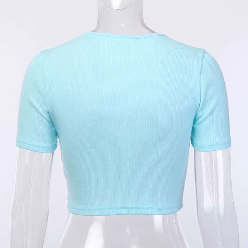 2019 New Sexy Women Tanks Camis Short Sleeve Crop Top Tops for Lady Slim Knitted Club Streetwear White Blue Color | Женская одежда