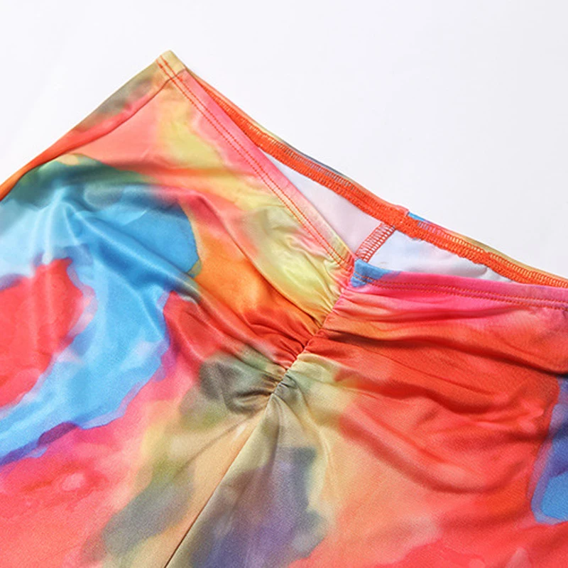 

Fashion Summer Tie Dye Print Two Piece Set for Women Sexy Backless Halter Bandage Bra Top and Biker Shorts Sport Tracksuit