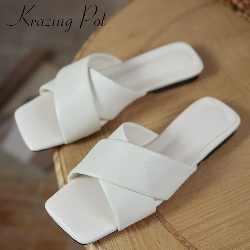 

Krazing pot big size genuine leather square toe mules low heels slip on daily wear simple style outside slipper shoes women L6f1