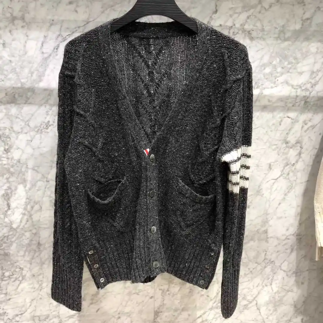 

2021 модный брендовый свитер tb для мужчин и женщин, облегающий кардиган с V-образным вырезом, полосатые шерстяные пуловеры, свитер с витой цвет...