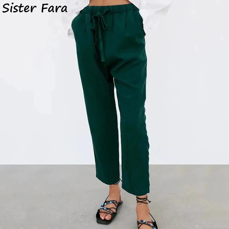 

Sister Fara Spring Autumn High Waist Suit Pants Women Drawstring Solid Harem Pants Ladies Straight Casual Ankle-Length Trousers