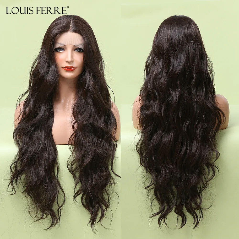 

LOUIS FERRE Long Water Wave Synthetic Wigs Middle Parted 13*1 T Part Lace Wigs Ombre Honey Brown Hair for Black Women Daily Use