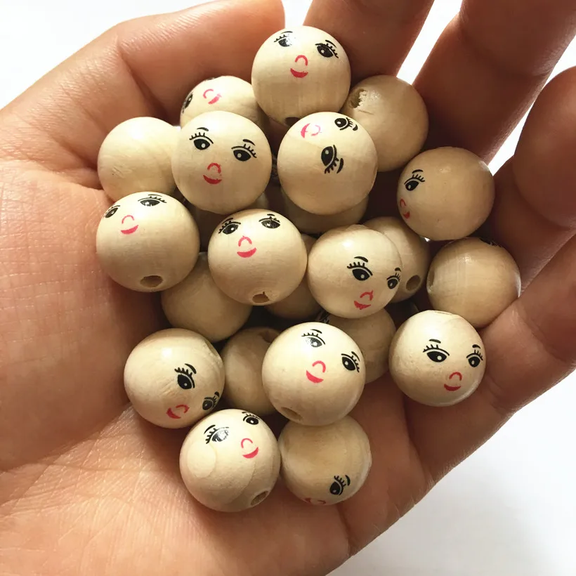 DIY натуральный мяч круглых разделительных деревянные бусины Экологичные для девочек, рисунок со смайликом, деревянные бусины без примесей свинца и деревянных шариков 14 мм 50 шт./компл