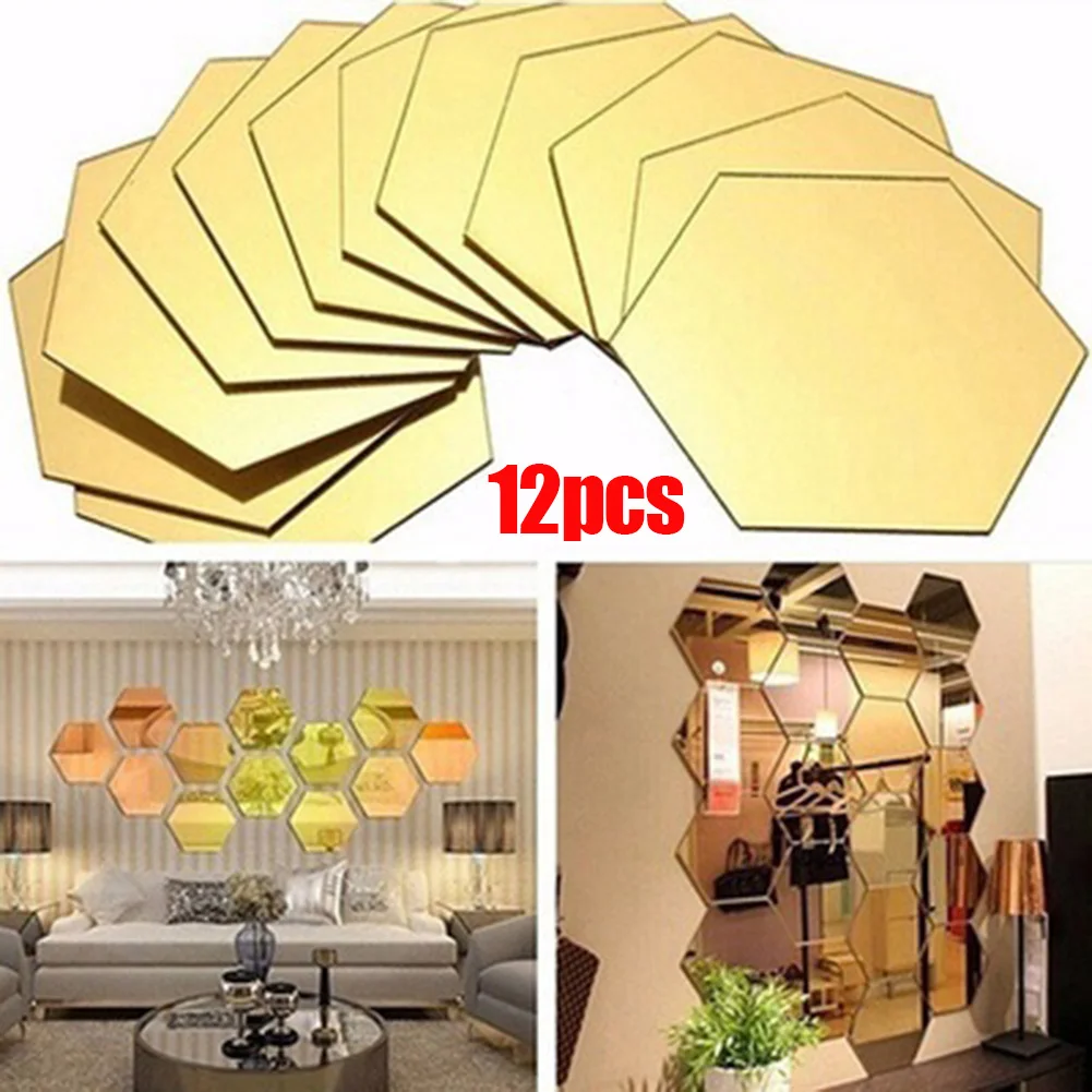 

12Pcs 3D Hexagon Acrylic Mirror Wall Stickers DIY Art Wall Decor Stickers Home Decor Living Room Mirrored Decorative Sticker-35