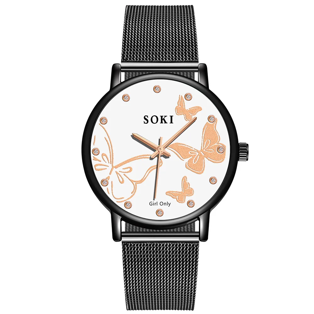 

Womens Watches Simple Fashion Butterfly Dial Stainless Steel Mesh Strap Wrist Watch For Woman Girls Female Ladies Quartz Clock