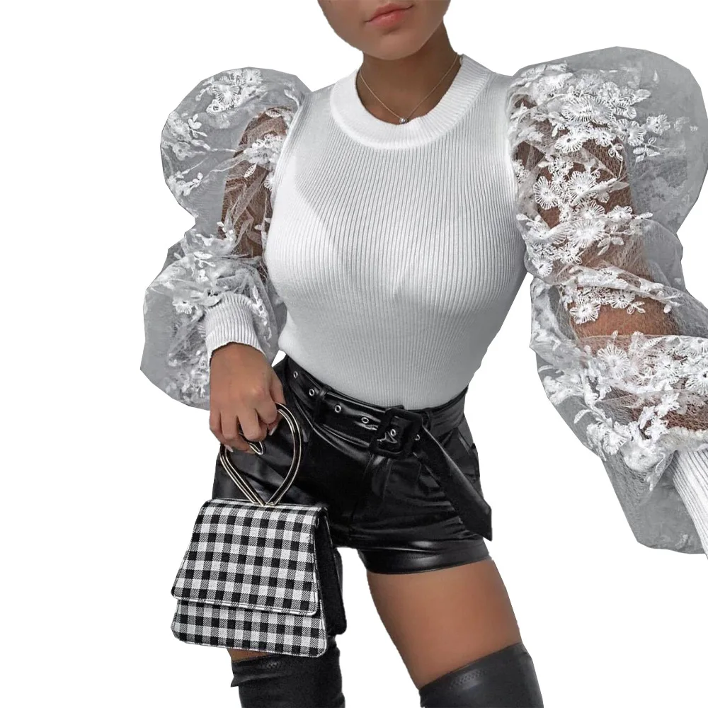 Женская блузка с кружевом однотонная повседневная офисная круглым вырезом