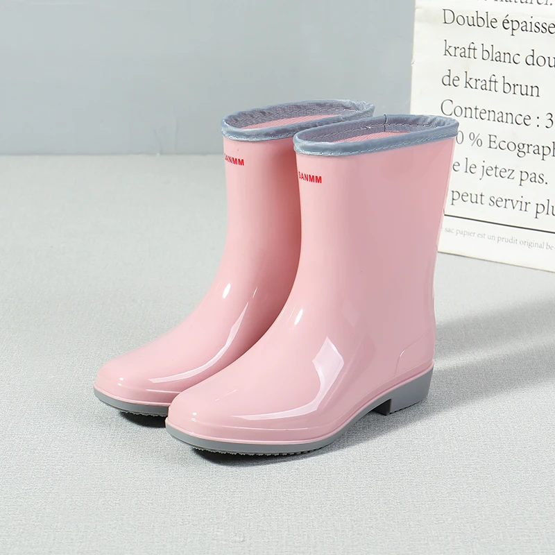 Pvc Water Shoes Women Thick Heel Mid Calf Boots Waterproof 2021 Color Female Casual Rainboots for Rain Winter Warm Sock Boots