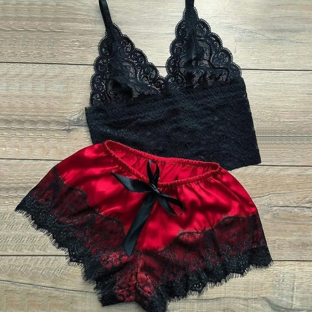 Женский атласный кружевной топ с v-образным вырезом шорты бантиком сексуальное