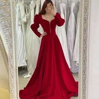 elegant velvet long evening dress puff sleeves red 2022 a line pleats evening dress women formal party gowns robes de soir%c3%a9e