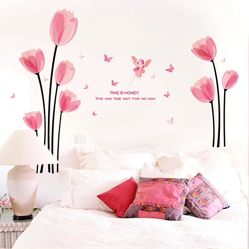 

Creativity Pink Tulip Flower Wall Stickers PVC DIY Art Wall Murals For Living Room Sofa Background Home Decoration Decals
