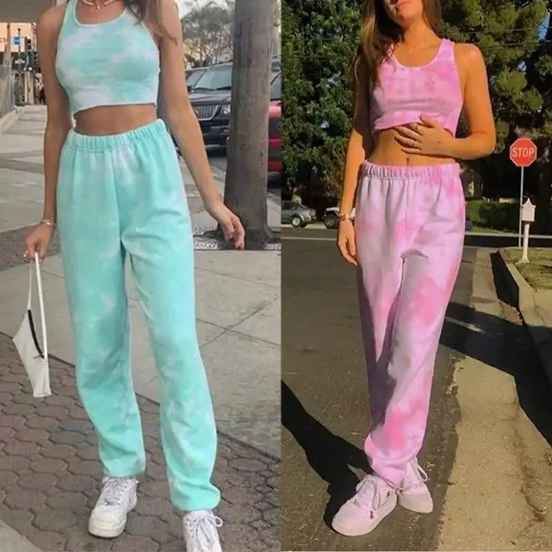 

Женский облегающий спортивный костюм, повседневный комплект из двух предметов, длинные брюки с крашеным галстуком, летний спортивный костю...