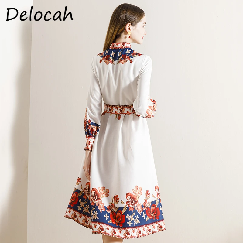 

Delocah Women Summer Fashion DesignerParty Midi Dress Sashes Lantern Sleeve Floral Print Shirts Style Ladies A-Line Dresses