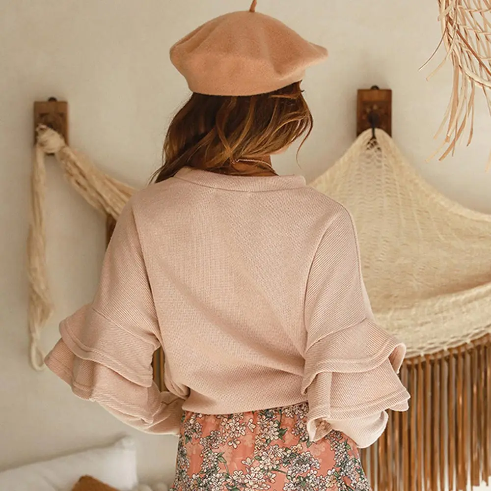 Женский вязаный свитер с оборками элегантный Свободный пуловер в офисном стиле