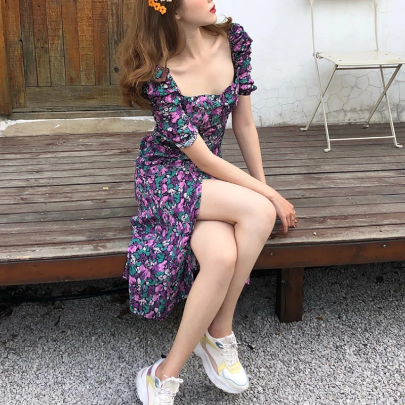 

2021 New Style French Style Retro Long Dress for Tea Break Waist Slimming Graceful Puff Sleeve Floral Dress for Women Summer