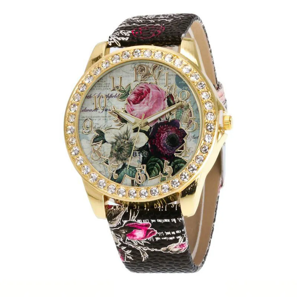 

Fashion Rose Pattern Leather Band Analog Quartz Vogue Wristwatches Trend Style Womens Quartz Watch Waterproof Relogio Feminino
