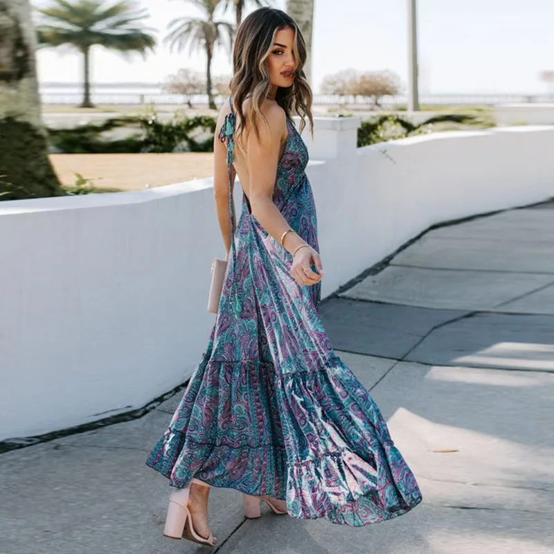 

WEPBEL Dress Women's Sexy Printed Loose Pleated Ruffles Dress Summer V-neck Lace-up Backless Spaghetti Strap Bohemian Dress