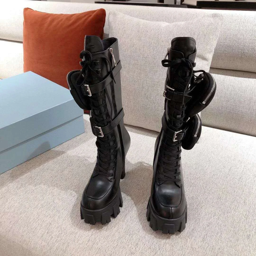 

2020 Winter New Super High Heel Belt Buckle Pocket Boots Genuine Leather Round Toe Waterproof Platform Fashion Motorcycle Boots