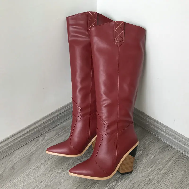 Женские ковбойские сапоги до колена на танкетке и каблуке | Обувь