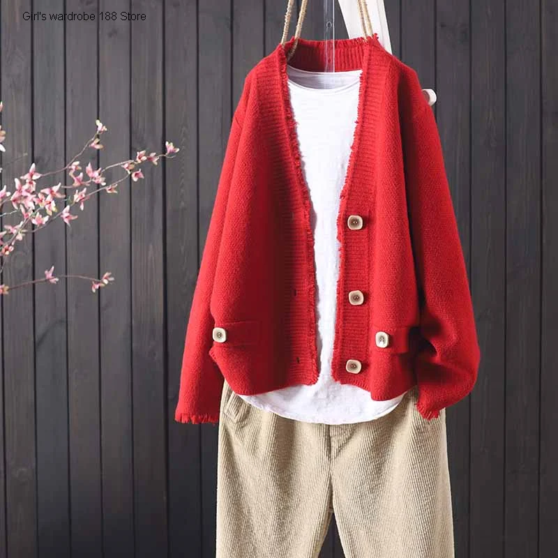 Новые товары для осени Универсальный однотонный вязаный кардиган свободного