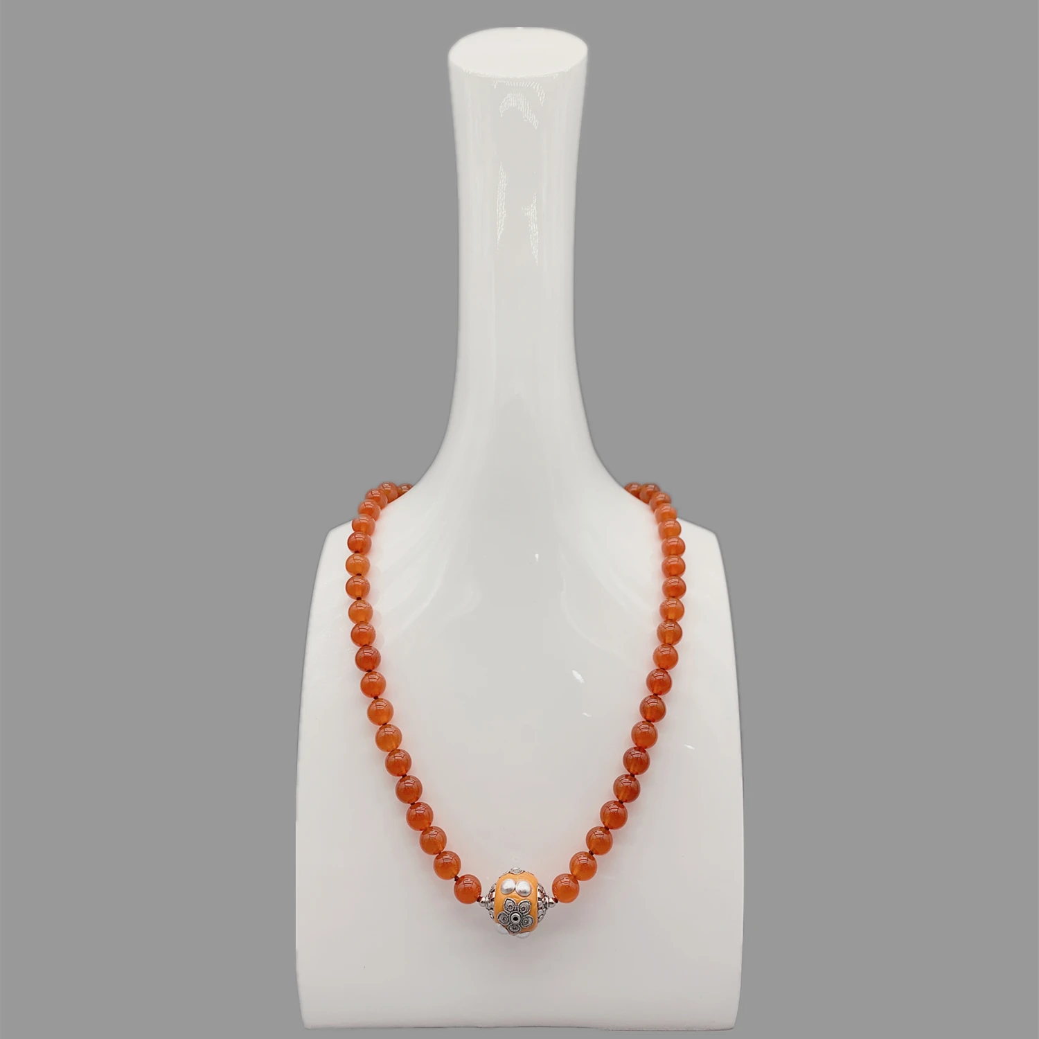 

FoLisaUnique 8mm Carnelian Necklace For Women Earthy Casual Choker Healing Stone 18mm Antique Silver Orange Enamel Bead Ball