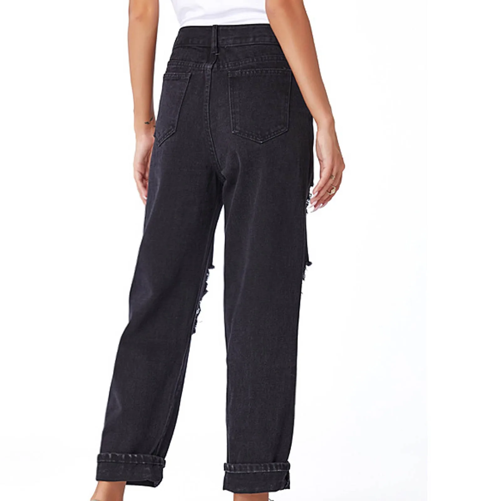 

Vintage Middle Waist Straight Jeans Pant For Women Solid Color Hole Low Waist Jeans Flared Ankle Fashion Pants Trouser